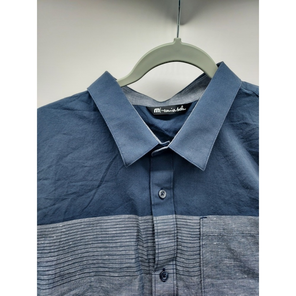 TravisMathew Mens XXL Short Sleeve Button Down Shirt Navy Grey Colorblock Logo